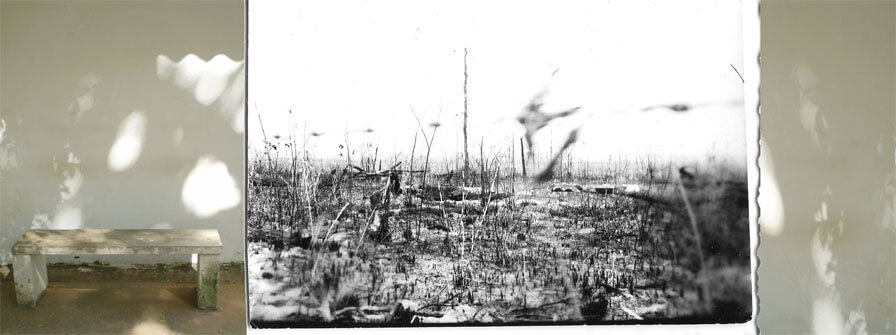 Colagem digital em formato panorâmico. No centro está uma foto horizontal em preto e branco que mostra um campo queimado, com hastes de capim espetadas para cima. O horizonte é plano e o céu é todo branco. A foto parece antiga e está desfocada no primeiro plano e no lado direito. À esquerda dela está uma foto vertical em tons de marrom, bege e branco, que mostra um banco reto de cimento junto a uma parede clara. Sobre o banco e a parede há grandes manchas brancas do sol filtrado pela sombra de árvores. À direita da foto central está uma faixa vertical mais estreita, mostrando um detalhe dessas manchas na parede.