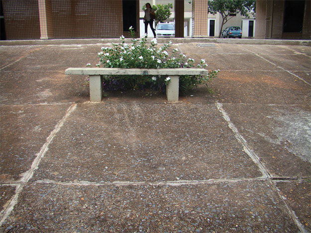 Foto horizontal de um outro pátio dividido em grandes quadrados, um pouco irregulares e remendados. Ele sobe em direção a um prédio comprido, cortado na margem de cima. A meio caminho, no centro da imagem, há um banco de cimento reto, cinza-claro. Atrás do banco há uma grande moita verde repleta de flores brancas. A moita cresceu sobre parte do banco. Atrás da moita vê-se a silhueta de uma mulher ao longe, passando sob o prédio de pilotis.